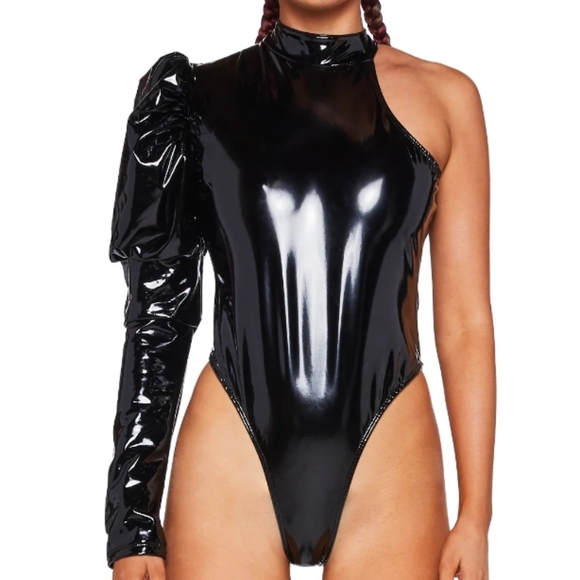 DOLLS KILL WIDOW PUFF ONE SLEEVE BODYSUIT PATENT PVC GOTH FETISH XS COLLAR - Picture 2 of 9